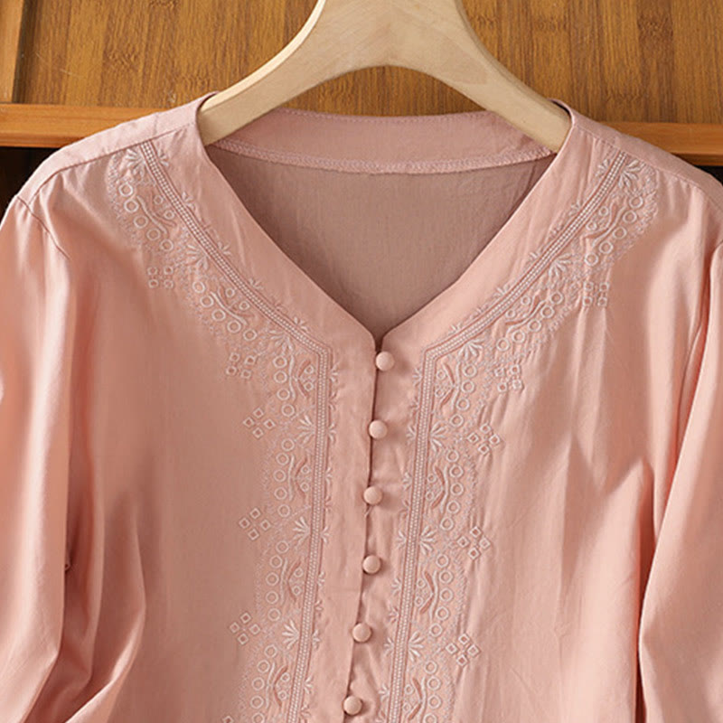 Chemise femme en coton à col en V et broderie symétrique Buddha Stones - image 31
