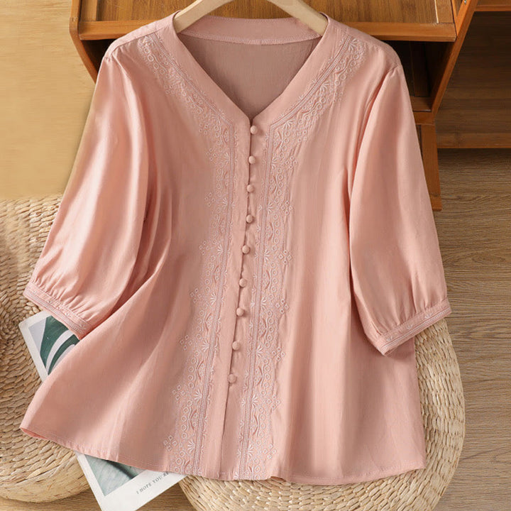 Chemise femme en coton à col en V et broderie symétrique Buddha Stones - Rose - US12，UK/AU16，EU44 (2XL) - image 27
