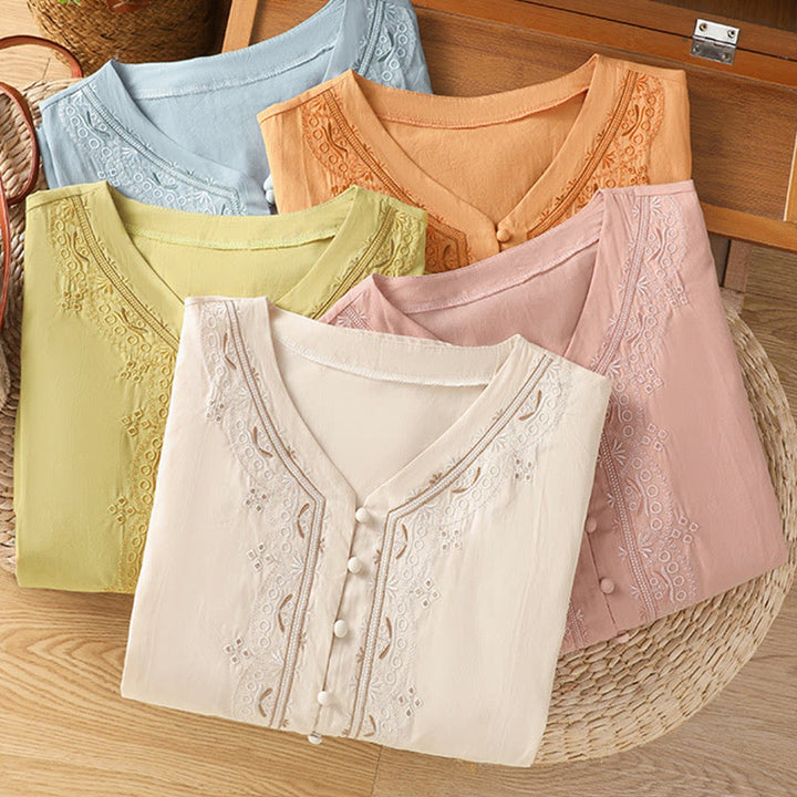 Chemise femme en coton à col en V et broderie symétrique Buddha Stones - image 34
