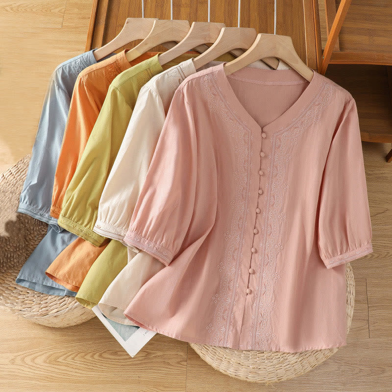 Chemise femme en coton à col en V et broderie symétrique Buddha Stones - image 33