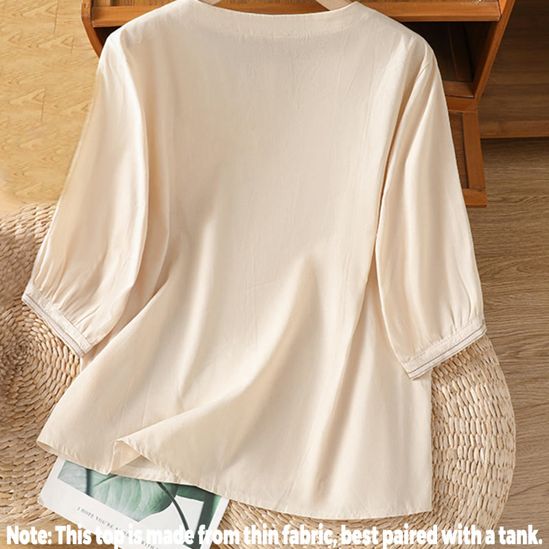 Chemise femme en coton à col en V et broderie symétrique Buddha Stones - image 2