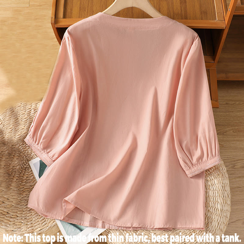 Chemise femme en coton à col en V et broderie symétrique Buddha Stones - image 28