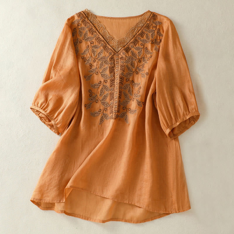 T-shirt décontracté à manches mi-longues en coton et lin pour femme, avec dentelle brodée et Buddha Stones - Chocolat - US8-10，UK/AU12-14，EU40-42 (2XL) - image 1