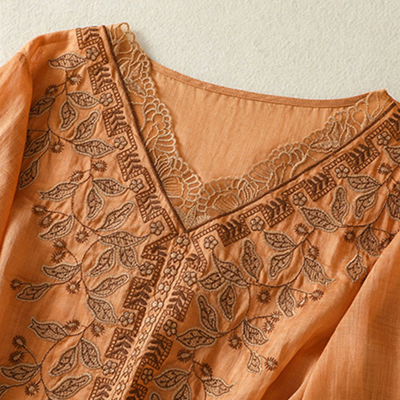 T-shirt décontracté à manches mi-longues en coton et lin pour femme, avec dentelle brodée et Buddha Stones - image 7