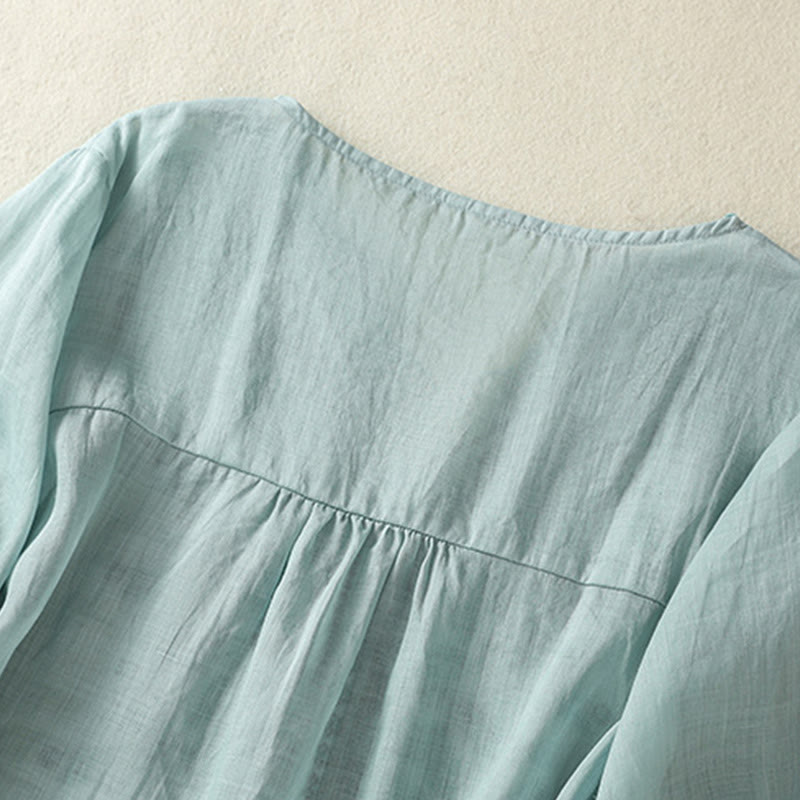 T-shirt décontracté à manches mi-longues en coton et lin pour femme, avec dentelle brodée et Buddha Stones - image 18