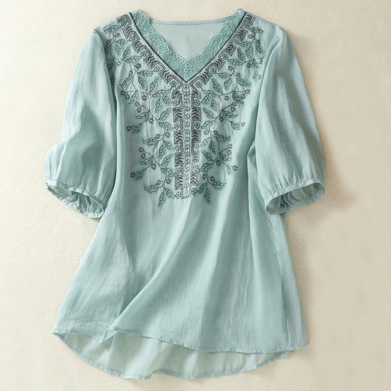 T-shirt décontracté à manches mi-longues en coton et lin pour femme, avec dentelle brodée et Buddha Stones - Bleu ciel clair - US8-10，UK/AU12-14，EU40-42 (2XL) - image 9