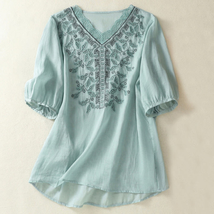 T-shirt décontracté à manches mi-longues en coton et lin pour femme, avec dentelle brodée et Buddha Stones - Bleu ciel clair - US8-10，UK/AU12-14，EU40-42 (2XL) - image 9
