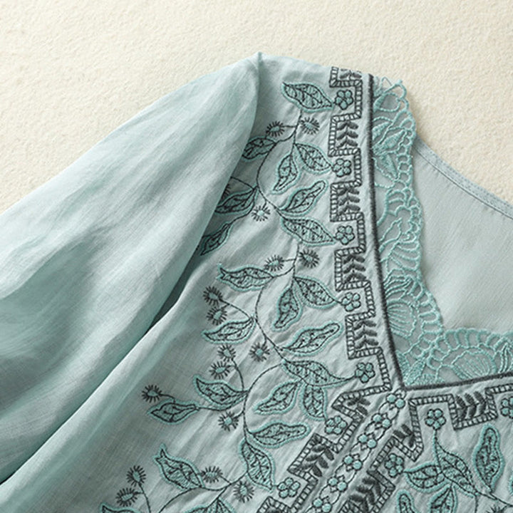 T-shirt décontracté à manches mi-longues en coton et lin pour femme, avec dentelle brodée et Buddha Stones - image 11