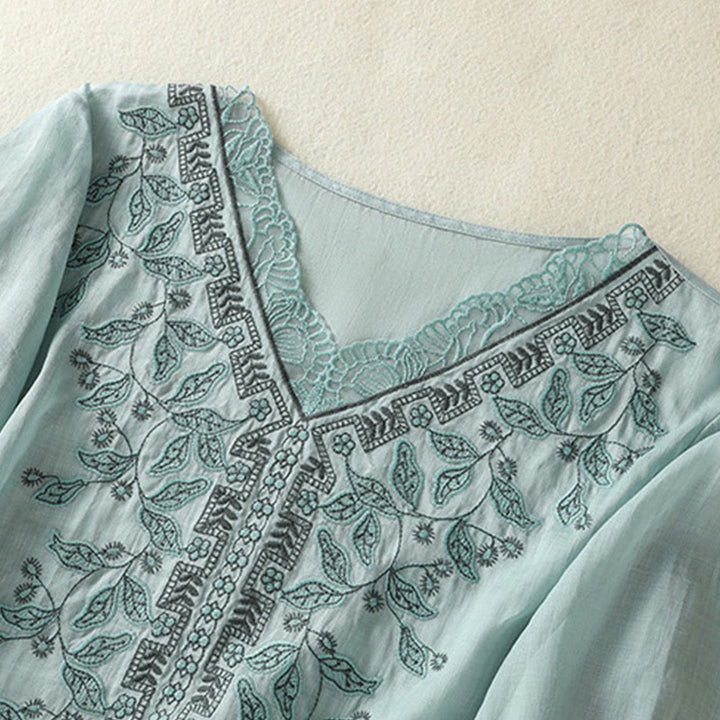 T-shirt décontracté à manches mi-longues en coton et lin pour femme, avec dentelle brodée et Buddha Stones - image 13