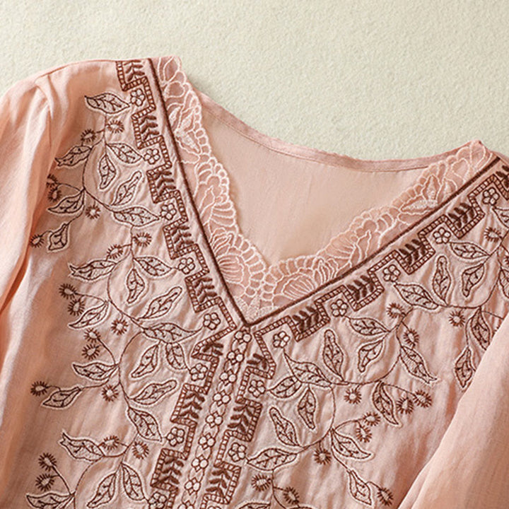 T-shirt décontracté à manches mi-longues en coton et lin pour femme, avec dentelle brodée et Buddha Stones - image 26