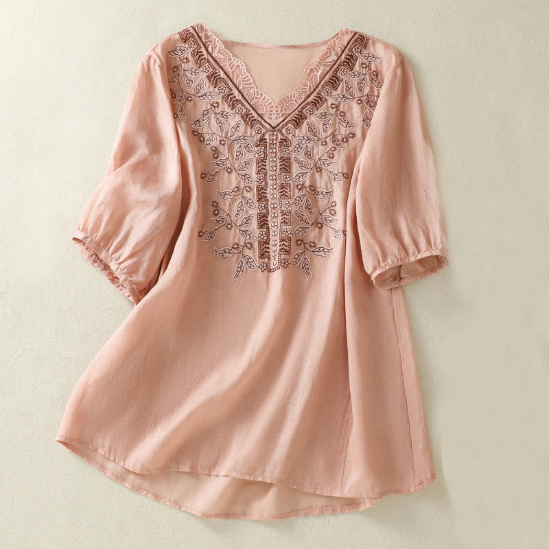 T-shirt décontracté à manches mi-longues en coton et lin pour femme, avec dentelle brodée et Buddha Stones - Rose - US8-10，UK/AU12-14，EU40-42 (2XL) - image 20