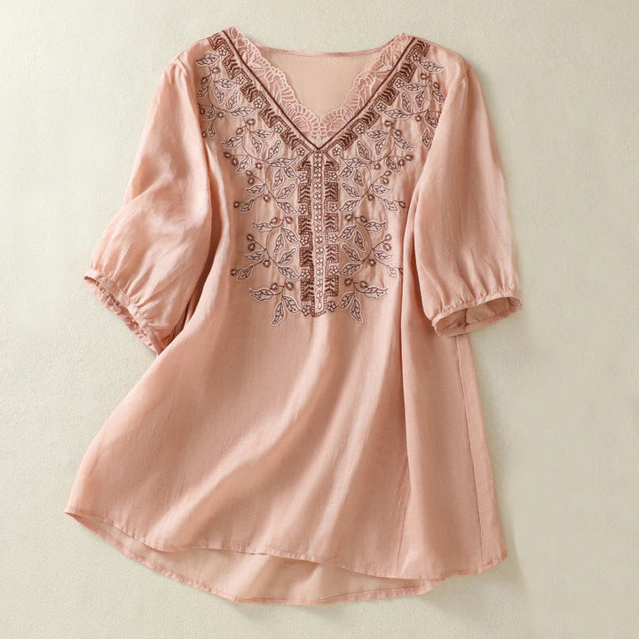 T-shirt décontracté à manches mi-longues en coton et lin pour femme, avec dentelle brodée et Buddha Stones - Rose - US8-10，UK/AU12-14，EU40-42 (2XL) - image 20