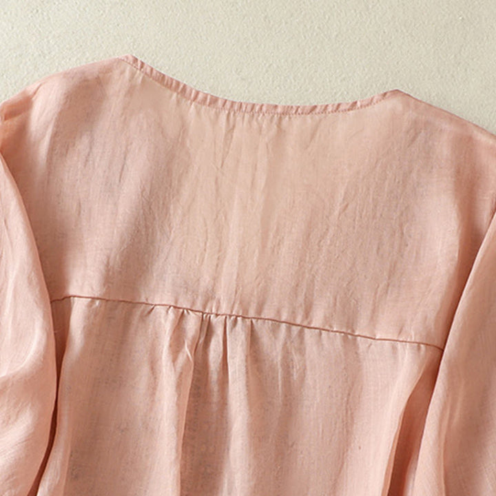 T-shirt décontracté à manches mi-longues en coton et lin pour femme, avec dentelle brodée et Buddha Stones - image 22