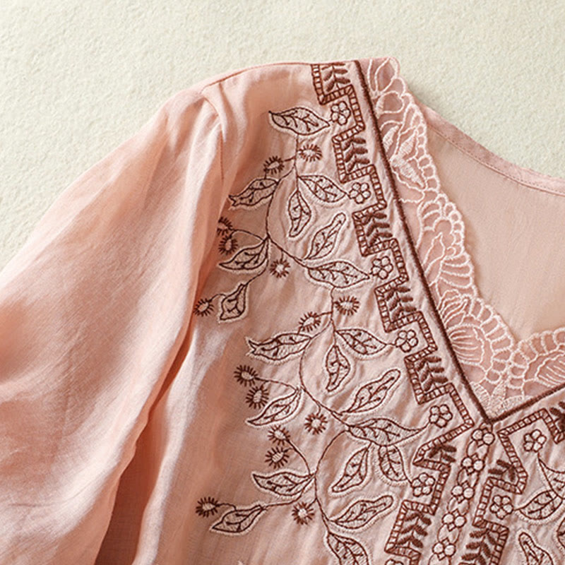 T-shirt décontracté à manches mi-longues en coton et lin pour femme, avec dentelle brodée et Buddha Stones - image 28