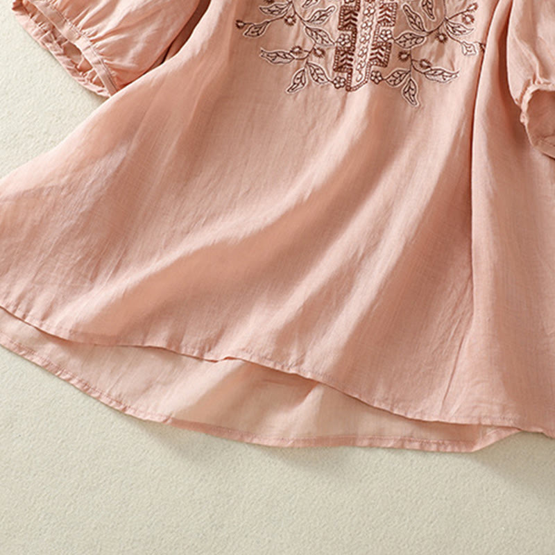 T-shirt décontracté à manches mi-longues en coton et lin pour femme, avec dentelle brodée et Buddha Stones - image 25