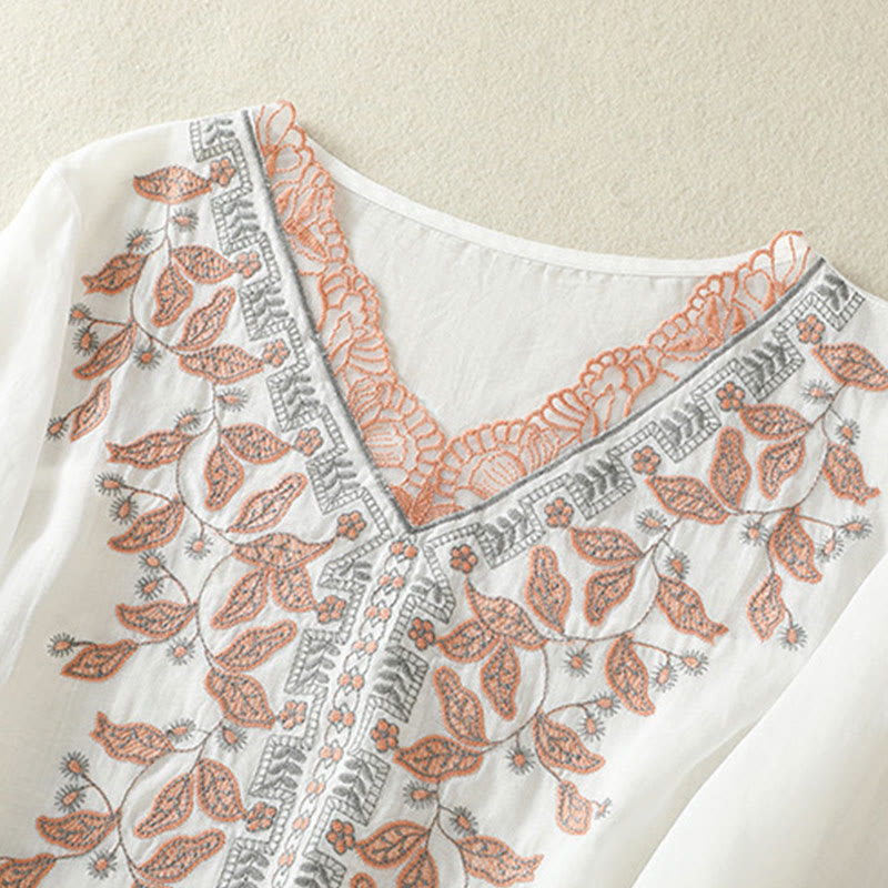 T-shirt décontracté à manches mi-longues en coton et lin pour femme, avec dentelle brodée et Buddha Stones - image 31