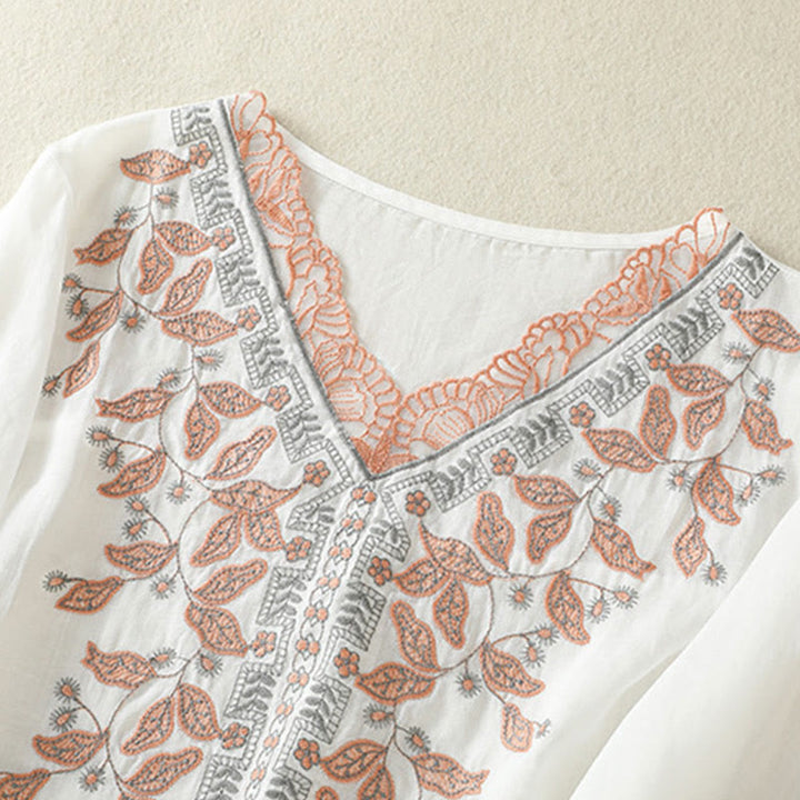 T-shirt décontracté à manches mi-longues en coton et lin pour femme, avec dentelle brodée et Buddha Stones - image 32