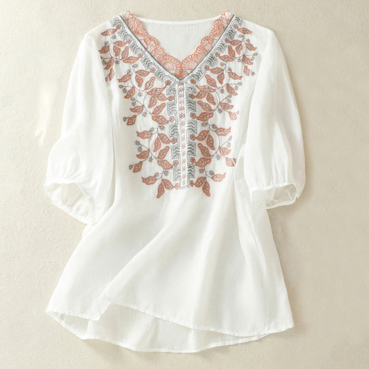T-shirt décontracté à manches mi-longues en coton et lin pour femme, avec dentelle brodée et Buddha Stones - Blanc - US8-10，UK/AU12-14，EU40-42 (2XL) - image 30