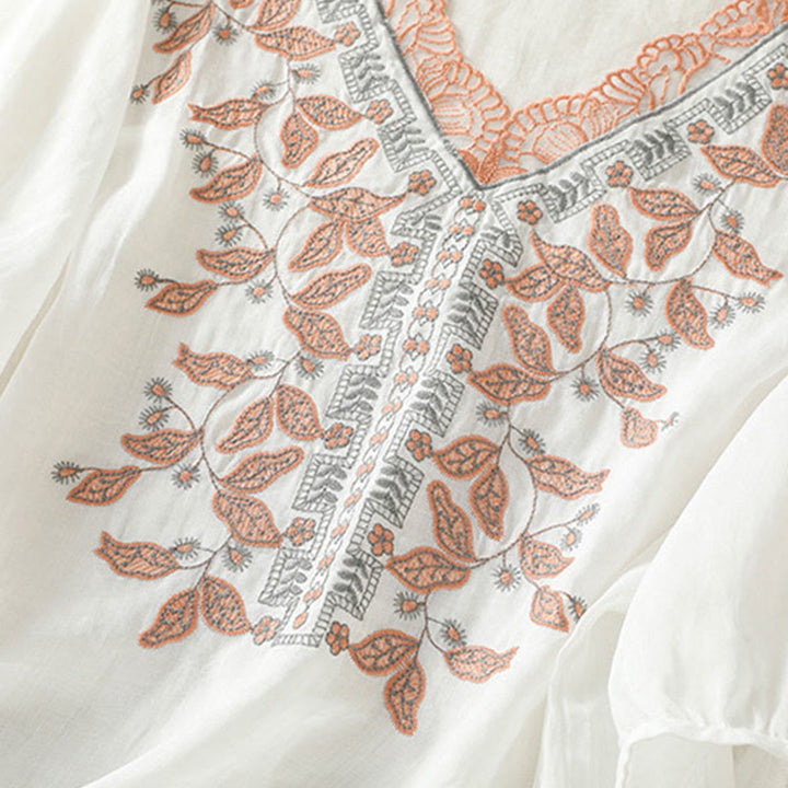 T-shirt décontracté à manches mi-longues en coton et lin pour femme, avec dentelle brodée et Buddha Stones - image 34