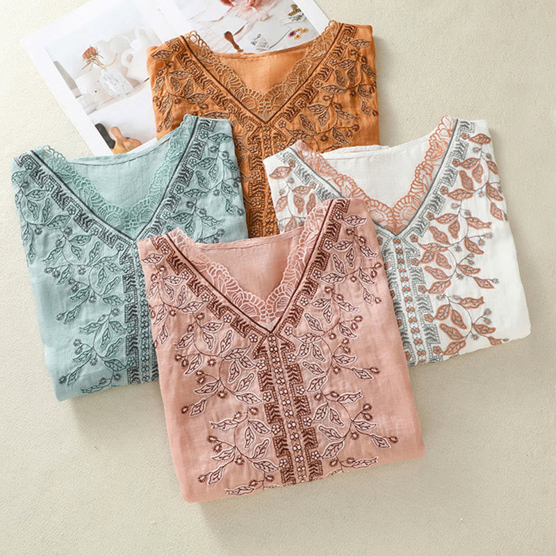 T-shirt décontracté à manches mi-longues en coton et lin pour femme, avec dentelle brodée et Buddha Stones - image 37