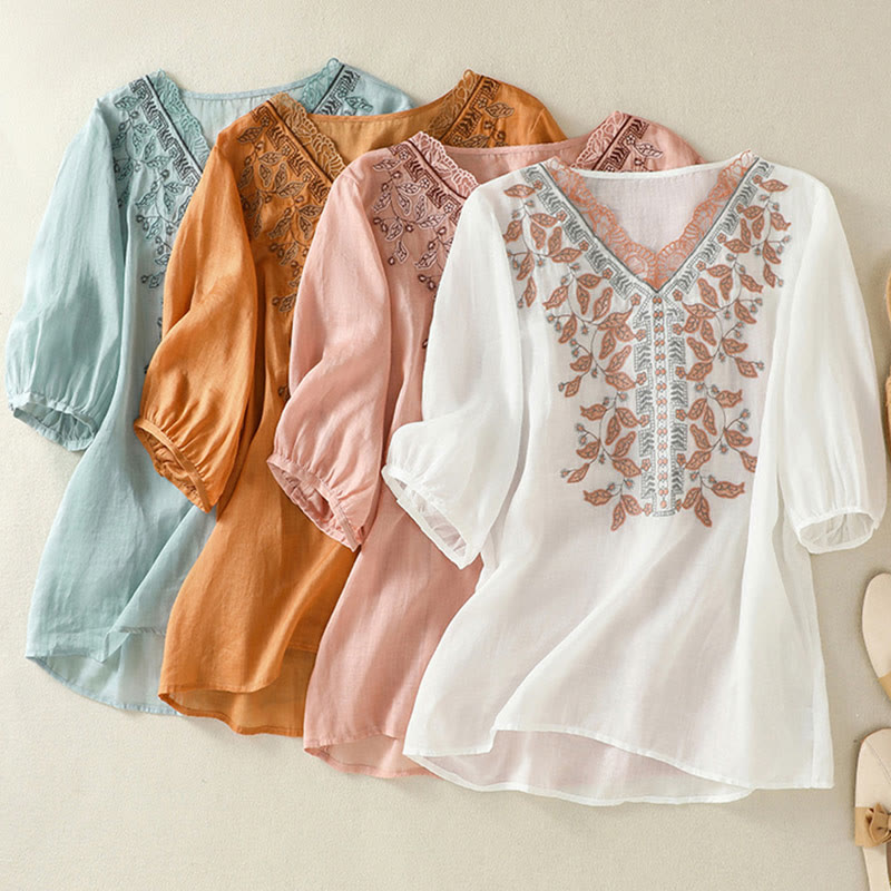 T-shirt décontracté à manches mi-longues en coton et lin pour femme, avec dentelle brodée et Buddha Stones - image 35