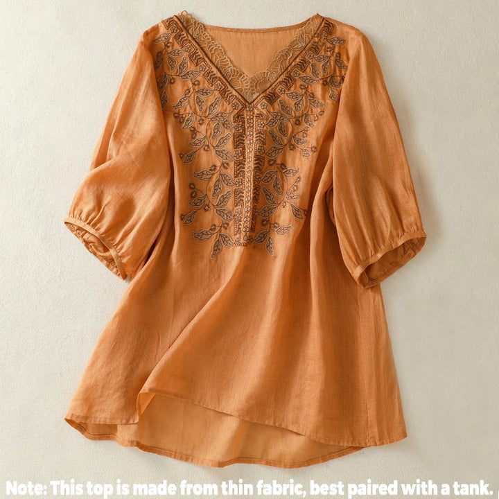 T-shirt décontracté à manches mi-longues en coton et lin pour femme, avec dentelle brodée et Buddha Stones - image 1