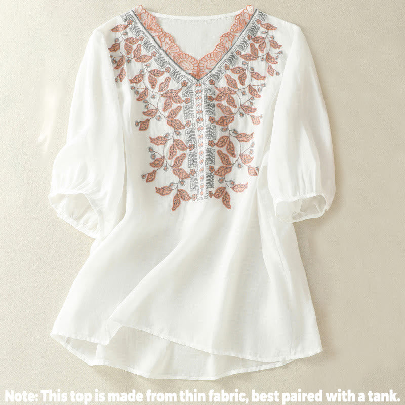 T-shirt décontracté à manches mi-longues en coton et lin pour femme, avec dentelle brodée et Buddha Stones - image 30