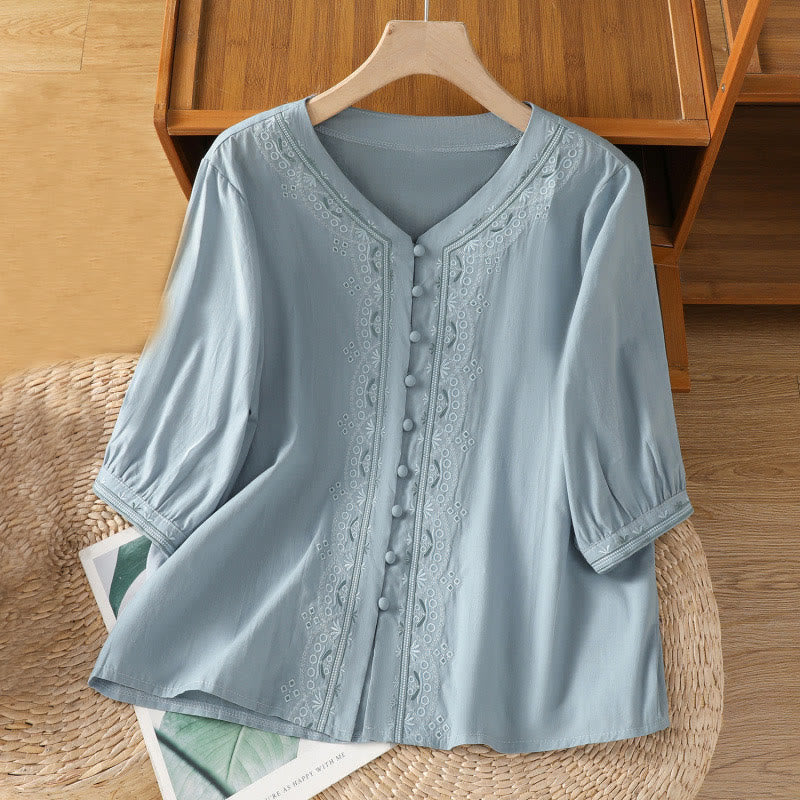 Chemise femme en coton à col en V et broderie symétrique Buddha Stones - Bleu ciel clair - US12，UK/AU16，EU44 (2XL) - image 6