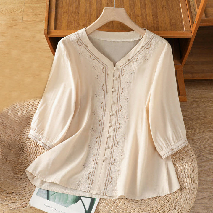 Chemise femme en coton à col en V et broderie symétrique Buddha Stones - Vieille Dentelle - US12，UK/AU16，EU44 (2XL) - image 1