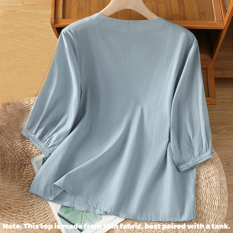 Chemise femme en coton à col en V et broderie symétrique Buddha Stones - image 7