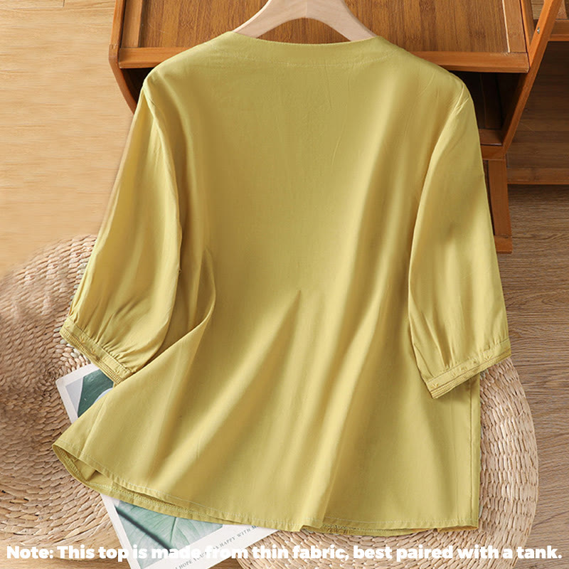Chemise femme en coton à col en V et broderie symétrique Buddha Stones - image 15