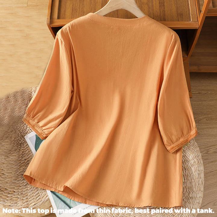 Chemise femme en coton à col en V et broderie symétrique Buddha Stones - image 21