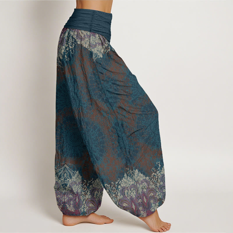 Pantalon sarouel décontracté en pur coton avec motif mandala et Buddha Stones , taille élastique, pour femme