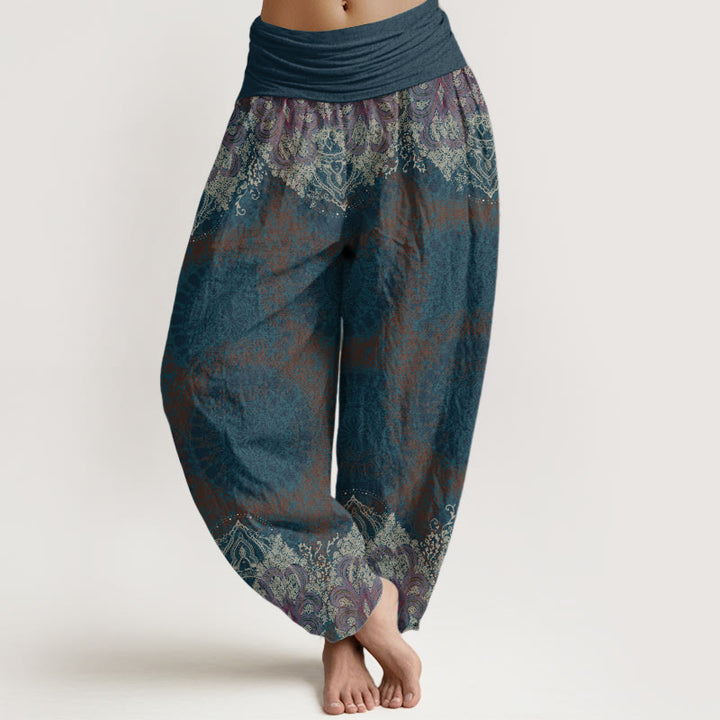 Pantalon sarouel décontracté en pur coton avec motif mandala et Buddha Stones , taille élastique, pour femme