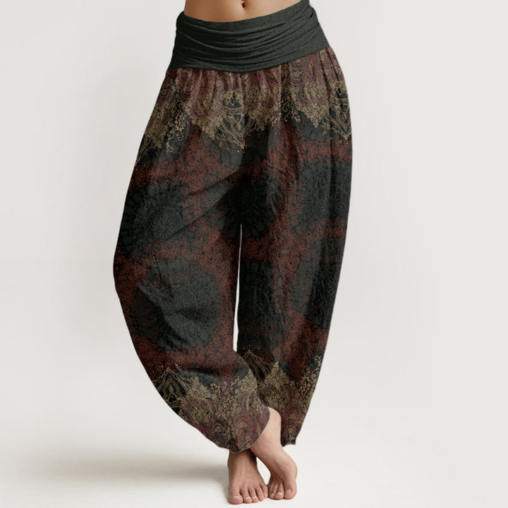 Pantalon sarouel décontracté en pur coton avec motif mandala et Buddha Stones , taille élastique, pour femme