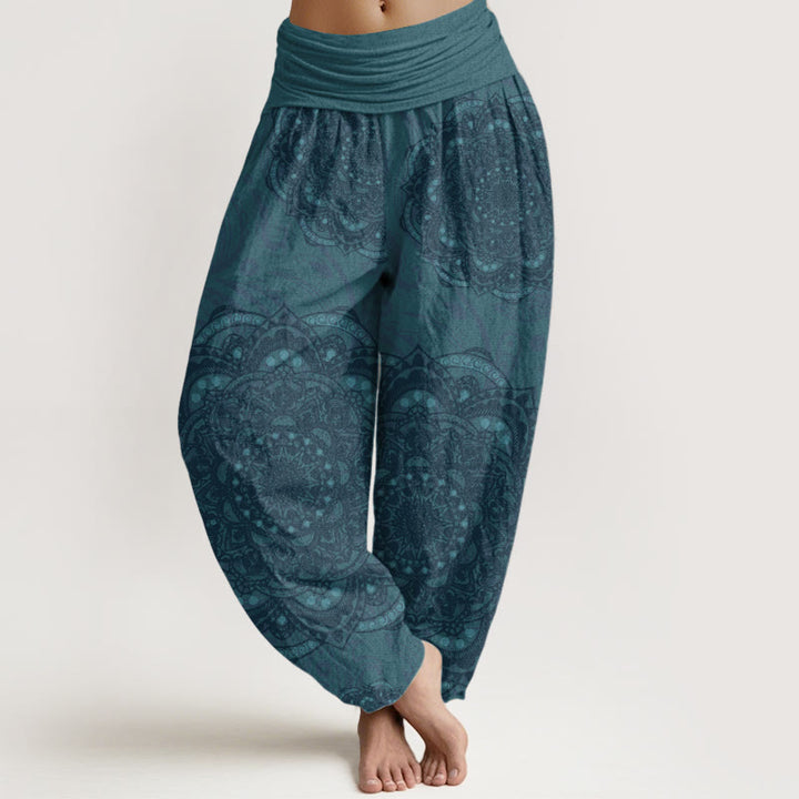 Pantalon Buddha Stones femme en pur coton avec motif cachemire et mandalas, taille élastique