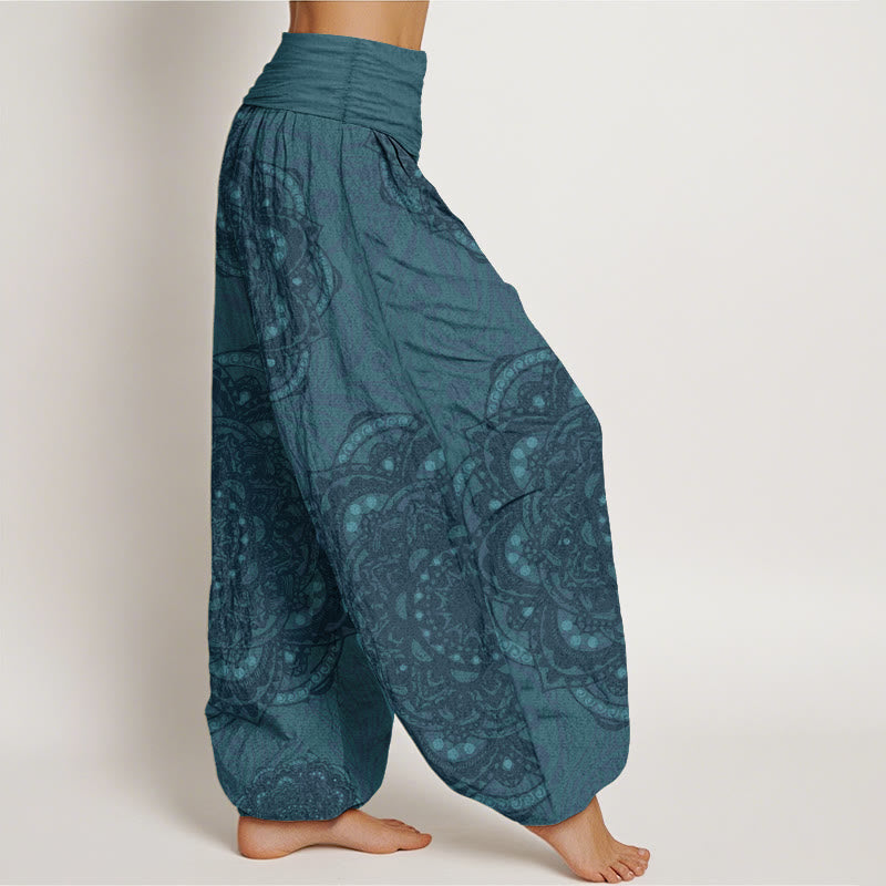 Pantalon Buddha Stones femme en pur coton avec motif cachemire et mandalas, taille élastique