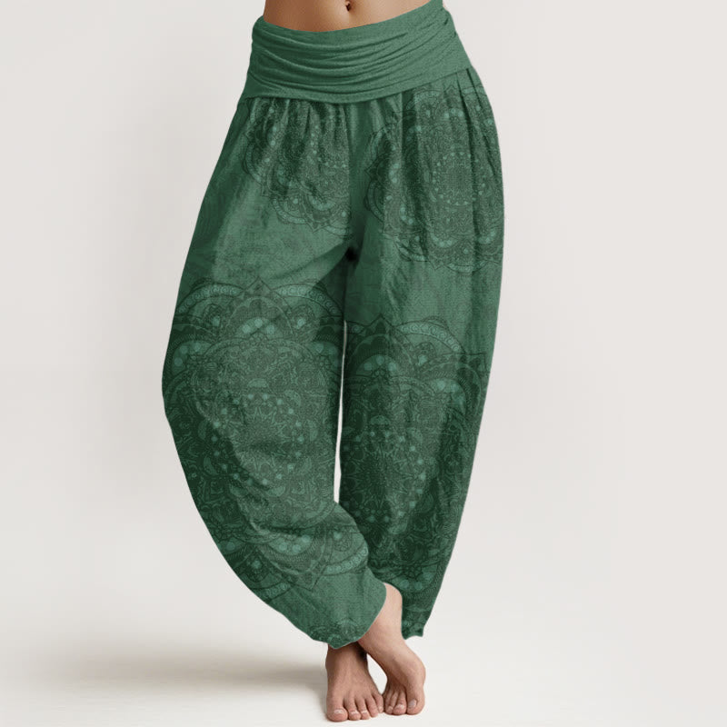 Pantalon Buddha Stones femme en pur coton avec motif cachemire et mandalas, taille élastique