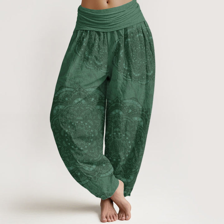 Pantalon Buddha Stones femme en pur coton avec motif cachemire et mandalas, taille élastique