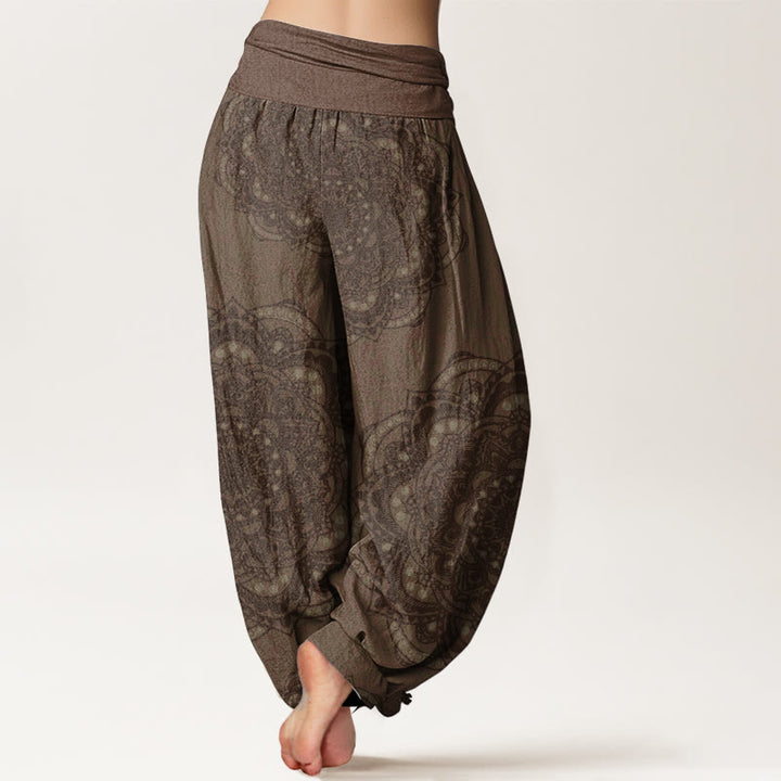 Pantalon Buddha Stones femme en pur coton avec motif cachemire et mandalas, taille élastique