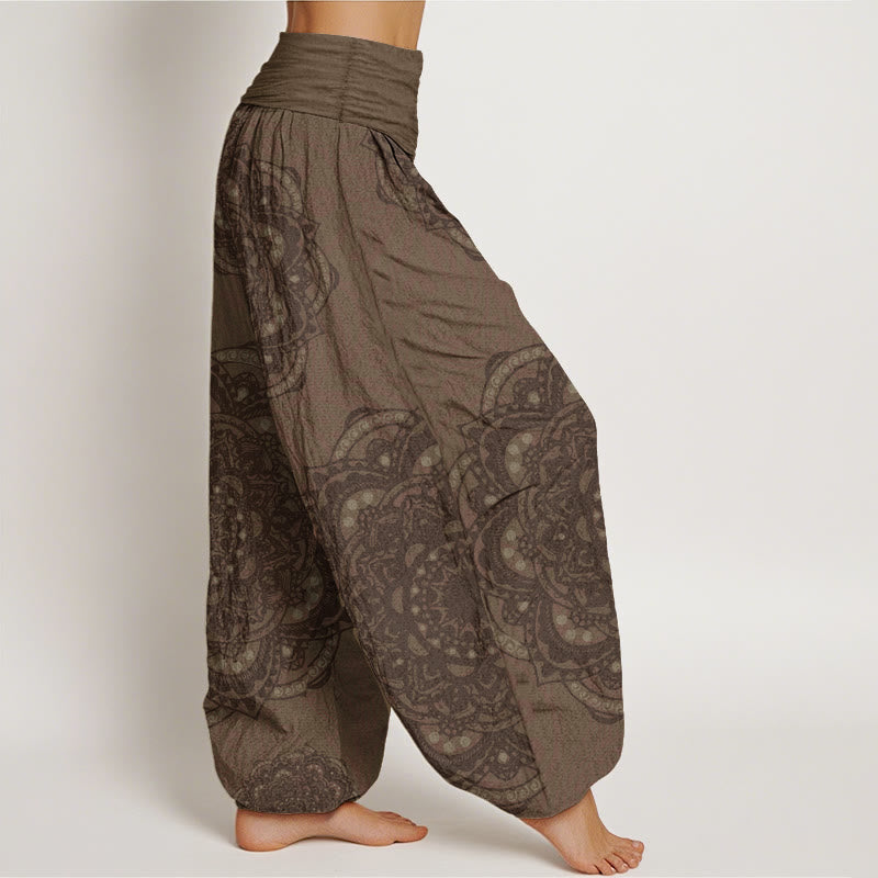 Pantalon Buddha Stones femme en pur coton avec motif cachemire et mandalas, taille élastique