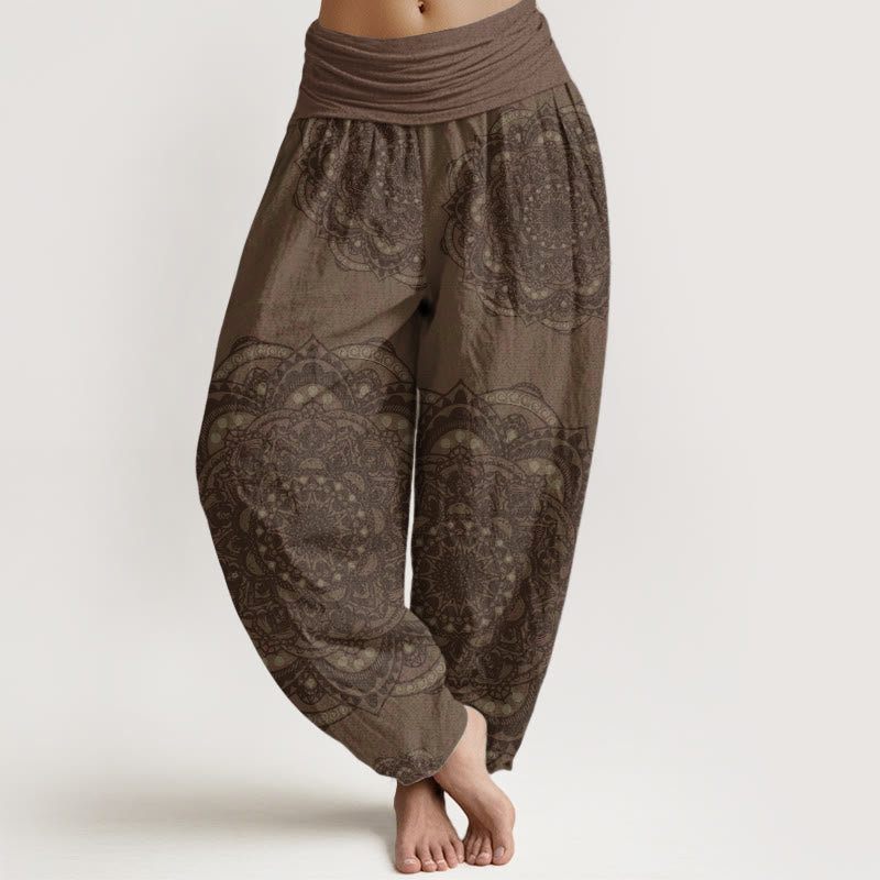 Pantalon Buddha Stones femme en pur coton avec motif cachemire et mandalas, taille élastique