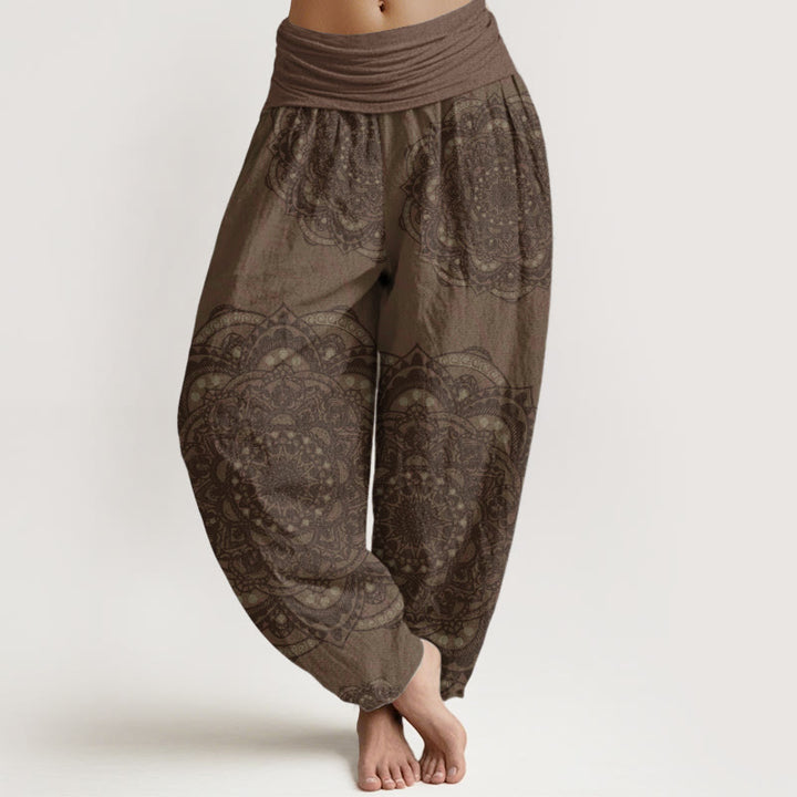 Pantalon Buddha Stones femme en pur coton avec motif cachemire et mandalas, taille élastique