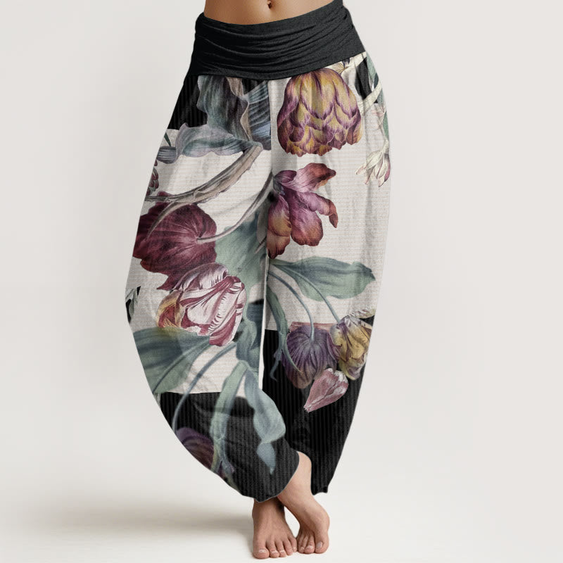 Pantalon Buddha Stones et feuilles vertes, en pur coton, motif Buddha Stones - Noir - US22，UK/AU26，EU54 (6XL) - image 0