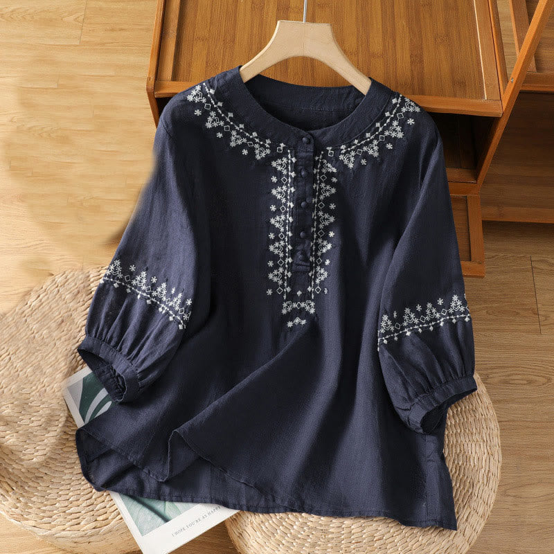 T-shirt ras du cou en coton pour femme avec broderie symétrique Buddha Stones - Bleu nuit - US14，UK/AU18，EU46 (2XL) - image 1