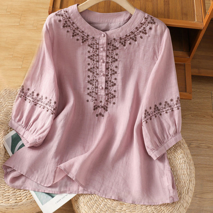 T-shirt ras du cou en coton pour femme avec broderie symétrique Buddha Stones - Prune - US14，UK/AU18，EU46 (2XL) - image 7