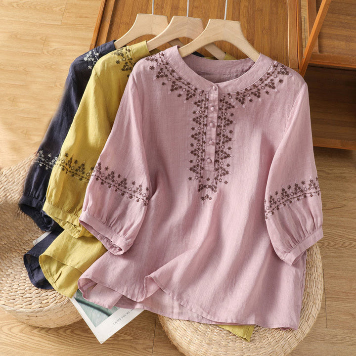 T-shirt ras du cou en coton pour femme avec broderie symétrique Buddha Stones - image 23