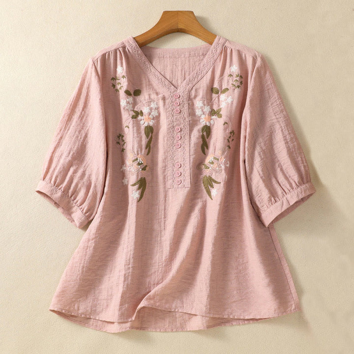 Chemise col V en coton pour femme avec broderies de Buddha Stones - Rose - US14，UK/AU18，EU46 (2XL) - image 1