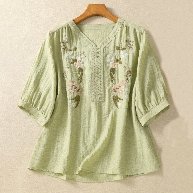 Chemise col V en coton pour femme avec broderies de Buddha Stones - Vert clair - US14，UK/AU18，EU46 (2XL) - image 11