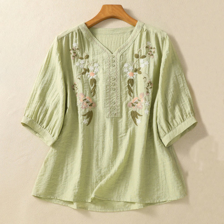 Chemise col V en coton pour femme avec broderies de Buddha Stones - Vert clair - US14，UK/AU18，EU46 (2XL) - image 11